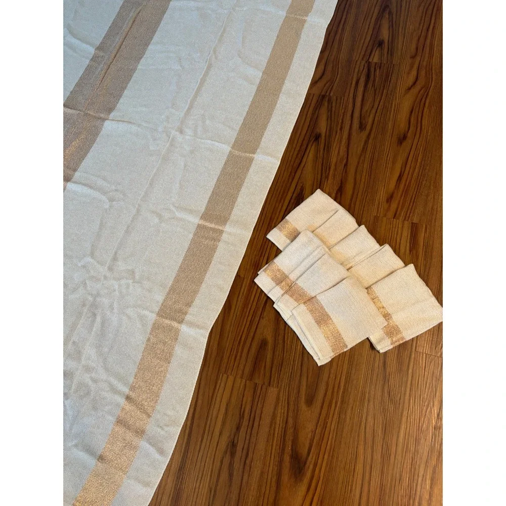 Vintage Chicago Weaving Corp Gold Metallic Striped Tablecloth and 8 Napkins Set